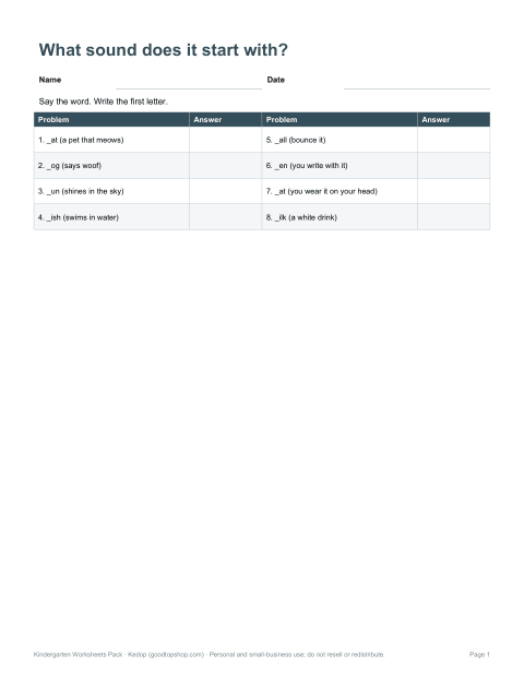 Preview of the first page of Beginning sounds